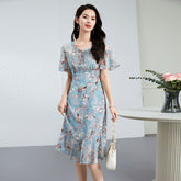 Womens Tie Neck Silk Floral Dress Silk Midi Dress with Flutter Sleeves